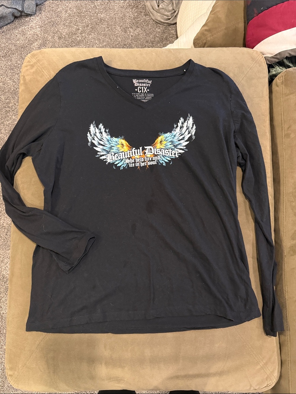 Beautiful Disaster Women's Black Long Sleeve V-Neck Tee